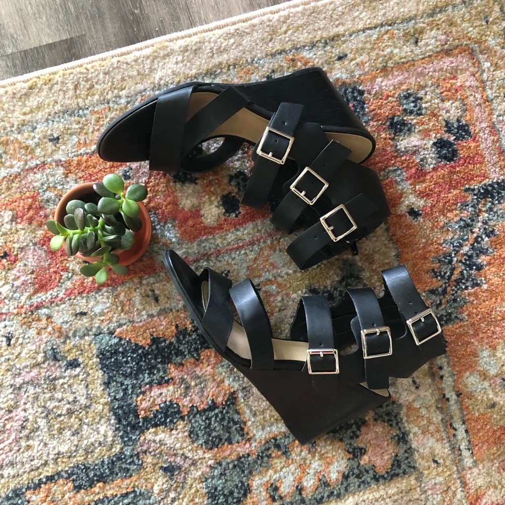 Nine West | Black Buckle Wedge Sandals